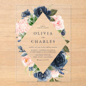 Waterverf Blush en Navy Floral Lijst Wedding Acryl Uitnodigingen (Voorkant)