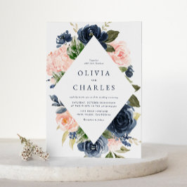 Waterverf Blush en Navy Floral Lijst Wedding Uitnodiging Briefkaart