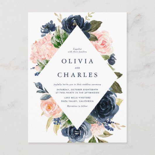 Waterverf Blush en Navy Floral Lijst Wedding Uitnodiging Briefkaart (Voorkant)