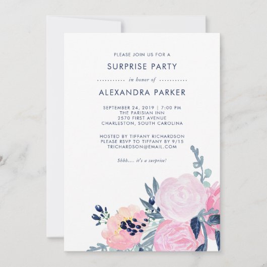 Waterverf Blush en Navy Floral Surprise Party Kaart (Voorkant)