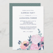 Waterverf Blush en Navy Floral Surprise Party Kaart (Voorkant / Achterkant)
