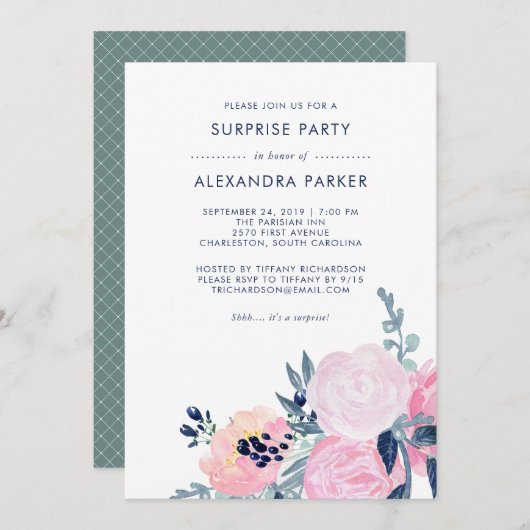 Waterverf Blush en Navy Floral Surprise Party Kaart (Voorkant / Achterkant)