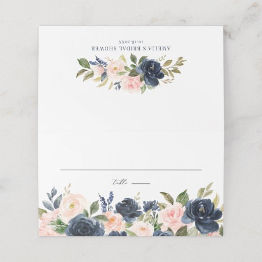 Waterverf Blush en Navy Flowers Garland Wedding Plaatskaartje (Buitenkant ongevouwen)