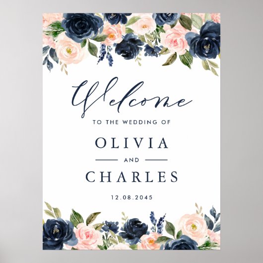 Waterverf Blush en Navy Flowers Huwelijk Welkom Poster (Voorkant)