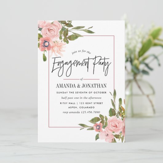 Waterverf Blush en Roos Gold Engagement Party Kaart (Staand voorkant)