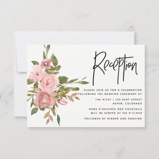 Waterverf Blush en Roos Gold Wedding Reception Kaart (Voorkant)