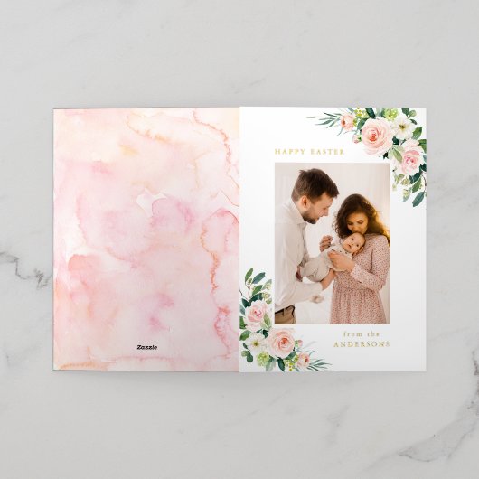 Waterverf Blush en White Floral Photo Easter Folie Feestdagenkaart (Buiten Laag)