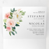 Waterverf Blush en White Flowers Spring Wedding Drieluik Uitnodiging (Binnenzijde eerst)
