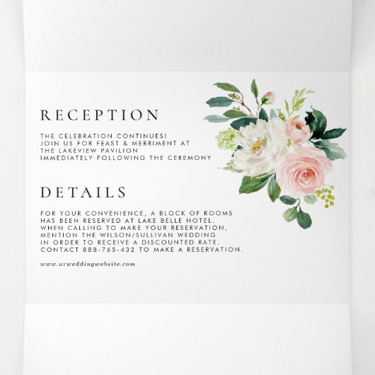 Waterverf Blush en White Flowers Spring Wedding Drieluik Uitnodiging (Binnenkant midden)