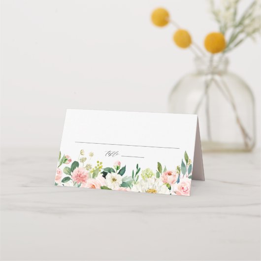  Waterverf Blush en White Flowers Wedding Plaatskaartje (Voorkant)
