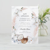 Waterverf Blush Floral Beach Dusty Blue Wedding Kaart (Staand voorkant)