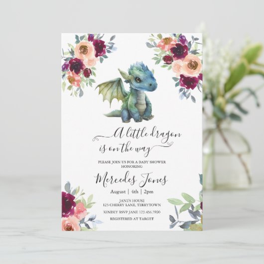 Waterverf Blush Floral Blue Dragon Baby shower Kaart (Staand voorkant)