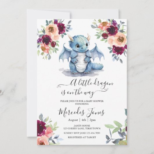 Waterverf Blush Floral Blue Dragon Baby shower Kaart (Voorkant)