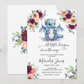 Waterverf Blush Floral Blue Dragon Baby shower Kaart (Voorkant / Achterkant)