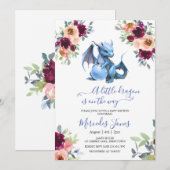 Waterverf Blush Floral Blue Dragon Baby shower Kaart (Voorkant / Achterkant)
