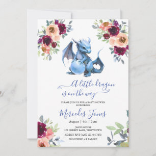 Waterverf Blush Floral Blue Dragon Baby shower Kaart
