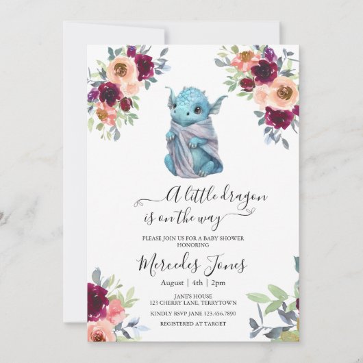 Waterverf Blush Floral Blue Dragon Baby shower Kaart (Voorkant)
