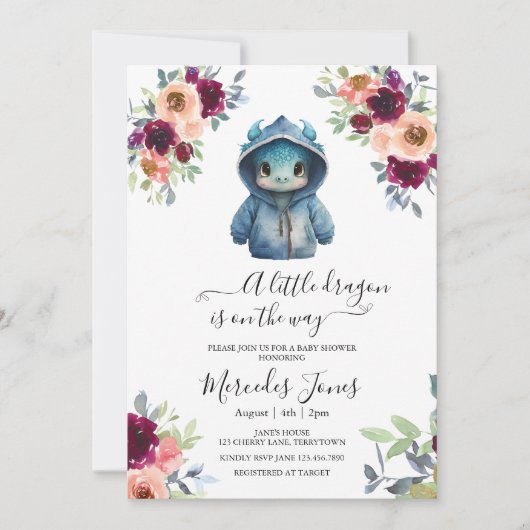 Waterverf Blush Floral Blue Dragon Baby shower Kaart (Voorkant)
