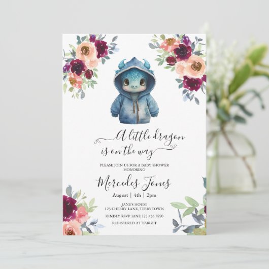 Waterverf Blush Floral Blue Dragon Baby shower Kaart (Staand voorkant)