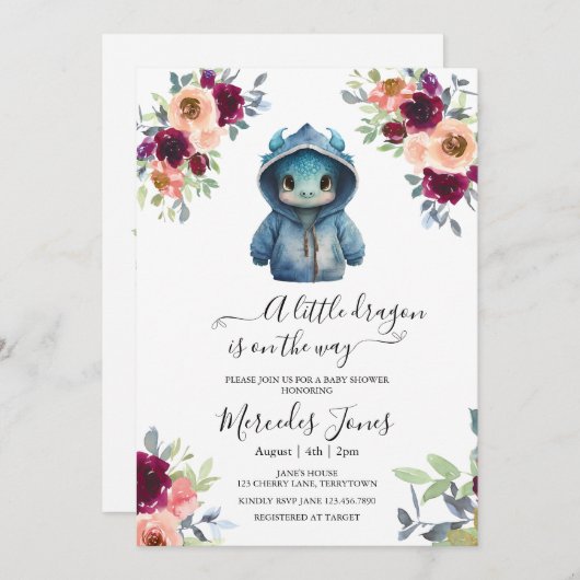 Waterverf Blush Floral Blue Dragon Baby shower Kaart (Voorkant / Achterkant)