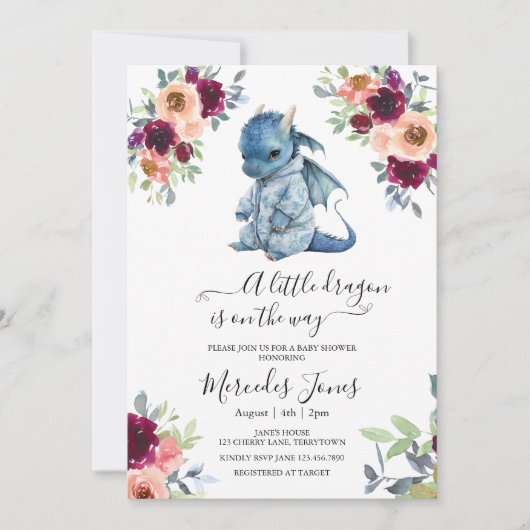 Waterverf Blush Floral Blue Dragon Baby shower Kaart (Voorkant)
