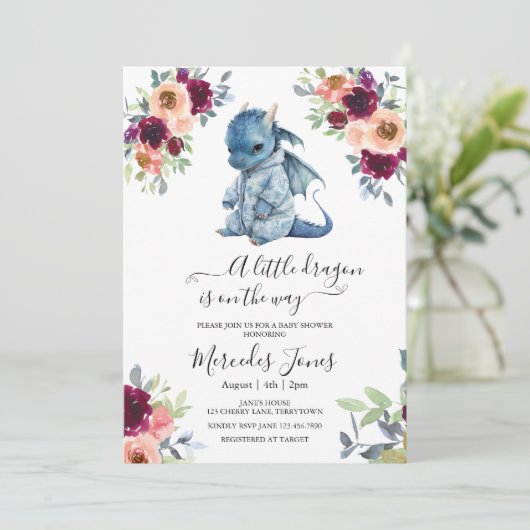Waterverf Blush Floral Blue Dragon Baby shower Kaart (Staand voorkant)