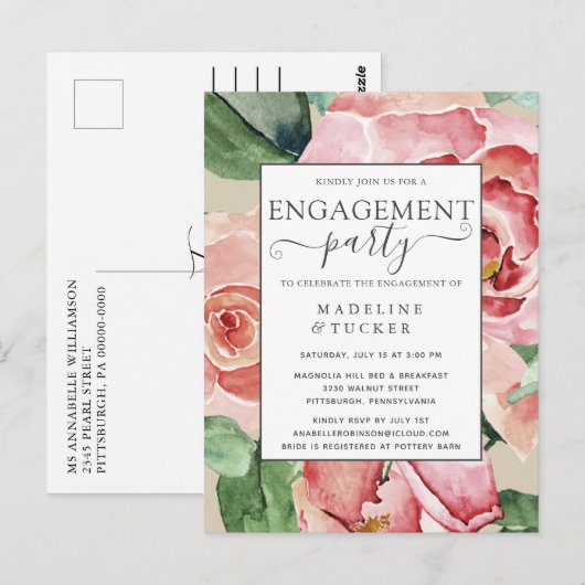 Waterverf Blush Floral Engagement Party nodigt uit Briefkaart (Voorkant / Achterkant)