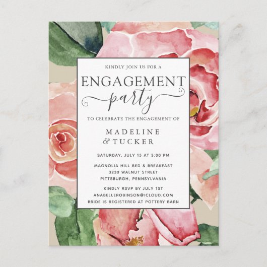 Waterverf Blush Floral Engagement Party nodigt uit Briefkaart (Voorkant)