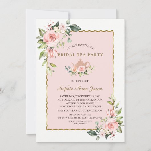 Waterverf Blush Floral Gold Bridal Tea Party Kaart (Voorkant)