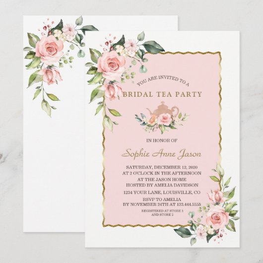 Waterverf Blush Floral Gold Bridal Tea Party Kaart (Voorkant / Achterkant)