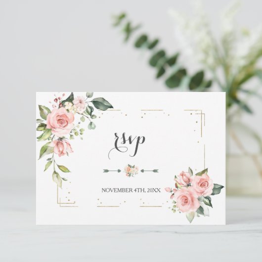 Waterverf Blush Floral Gold Glitter Lijst Weddensc RSVP Kaartje (Staand voorkant)