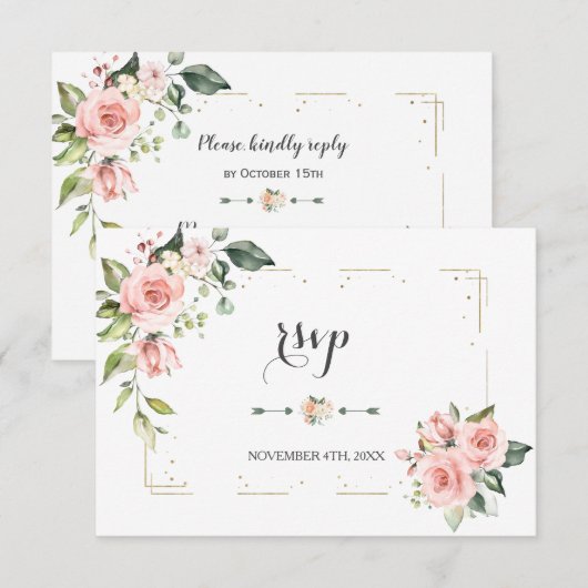 Waterverf Blush Floral Gold Glitter Lijst Weddensc RSVP Kaartje (Voorkant / Achterkant)