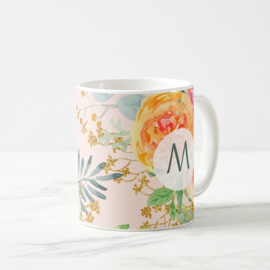 Waterverf Blush Floral Gold Glitter Monogram Koffiemok (Voorkant rechts)