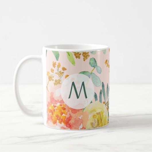 Waterverf Blush Floral Gold Glitter Monogram Koffiemok (Links)