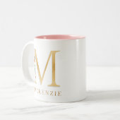 Waterverf Blush Floral Gold Letter M Monogram Tweekleurige Koffiemok (Voorkant links)