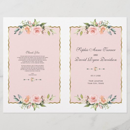 Waterverf Blush Floral Gold Lijst Wedding Program Flyer (Voorkant)