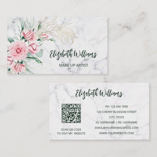 Waterverf Blush Floral Marble | QR-code Visitekaartje (Voorkant / Achterkant)