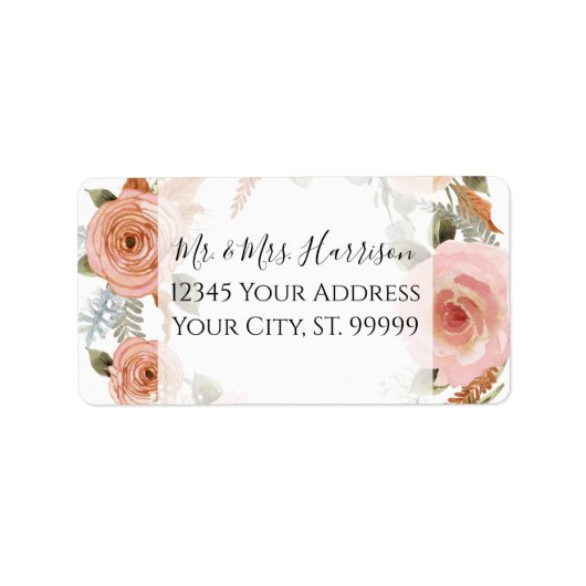 Waterverf Blush Floral Peach BOHO Rust Greenery Etiket (Voorkant)