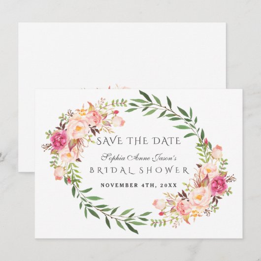 Waterverf Blush Floral Wreath Vrijgezellenfeest Save The Date (Voorkant / Achterkant)
