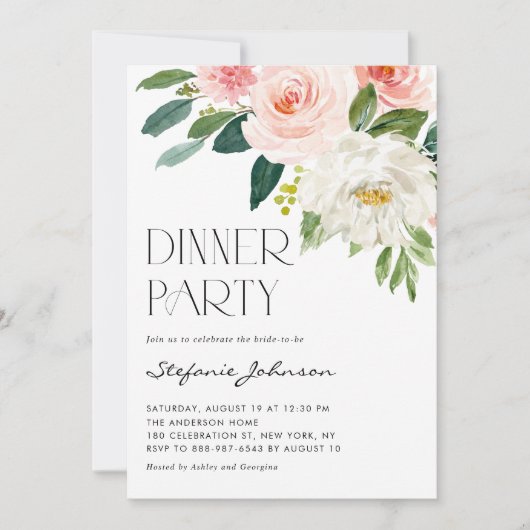  Waterverf Blush Flowers Diner Party Kaart (Voorkant)