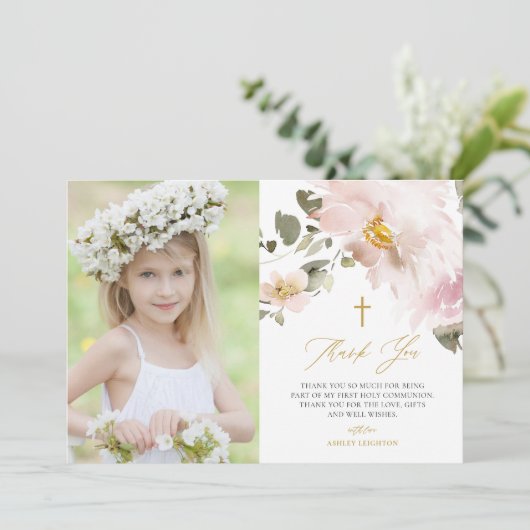 Waterverf Blush Flowers First Heilige Communie Bedankkaart (Staand voorkant)
