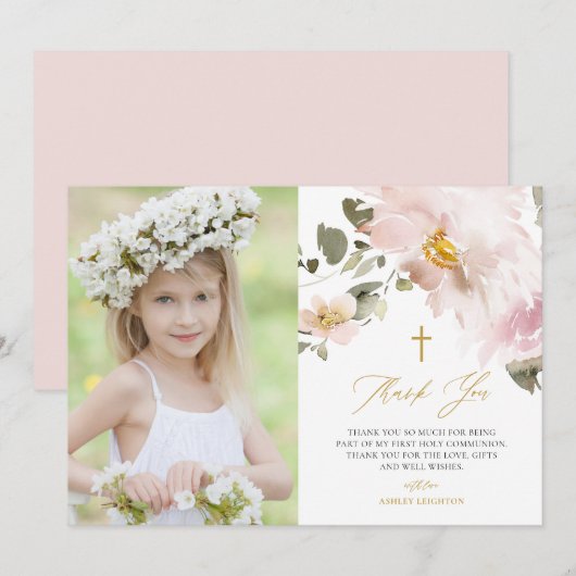 Waterverf Blush Flowers First Heilige Communie Bedankkaart (Voorkant / Achterkant)