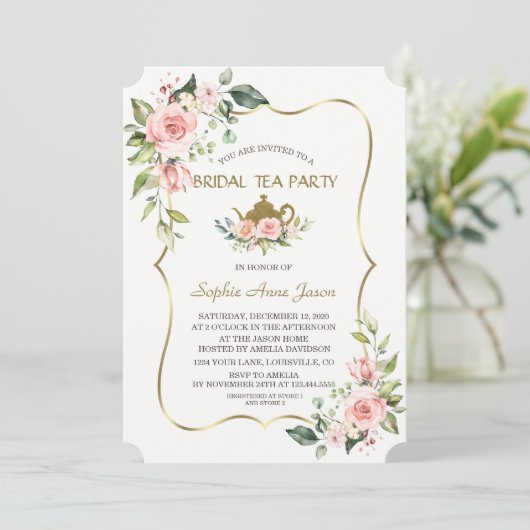 Waterverf Blush Flowers Gold Bridal Tea Party Kaart (Staand voorkant)