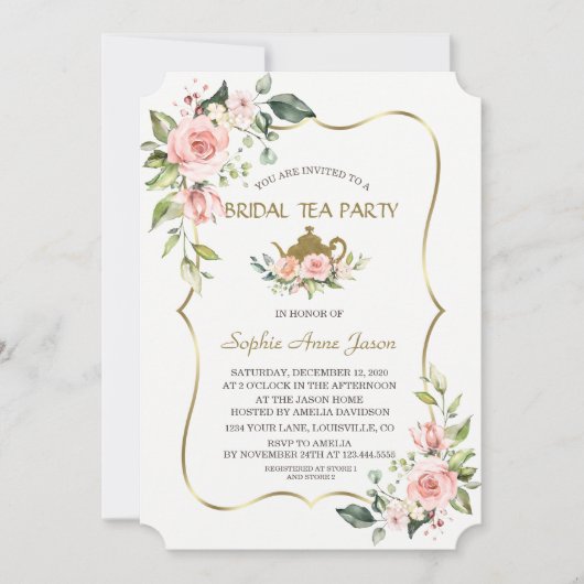 Waterverf Blush Flowers Gold Bridal Tea Party Kaart (Voorkant)