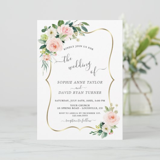 Waterverf Blush Flowers Gold Calligraphy Weddensch Kaart (Staand voorkant)