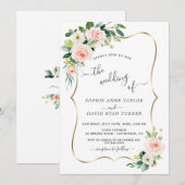 Waterverf Blush Flowers Gold Calligraphy Weddensch Kaart (Voorkant / Achterkant)