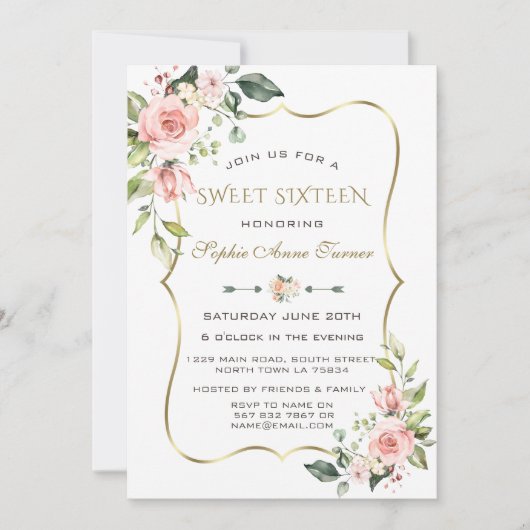 Waterverf Blush Flowers Gold Lijst Sweet 16 Kaart (Voorkant)