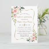 Waterverf Blush Flowers Gold Lijst Sweet 16 Kaart (Staand voorkant)
