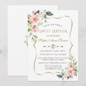 Waterverf Blush Flowers Gold Lijst Sweet 16 Kaart (Voorkant / Achterkant)