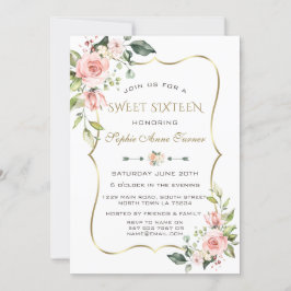 Waterverf Blush Flowers Gold Lijst Sweet 16 Kaart